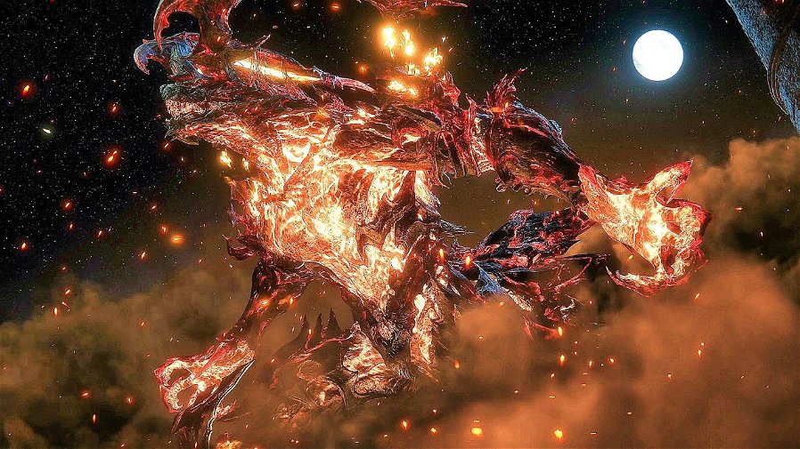 Immagine di Final Fantasy XVI, la fiamma di Ifrit sta mandando a fuoco alcune PS5