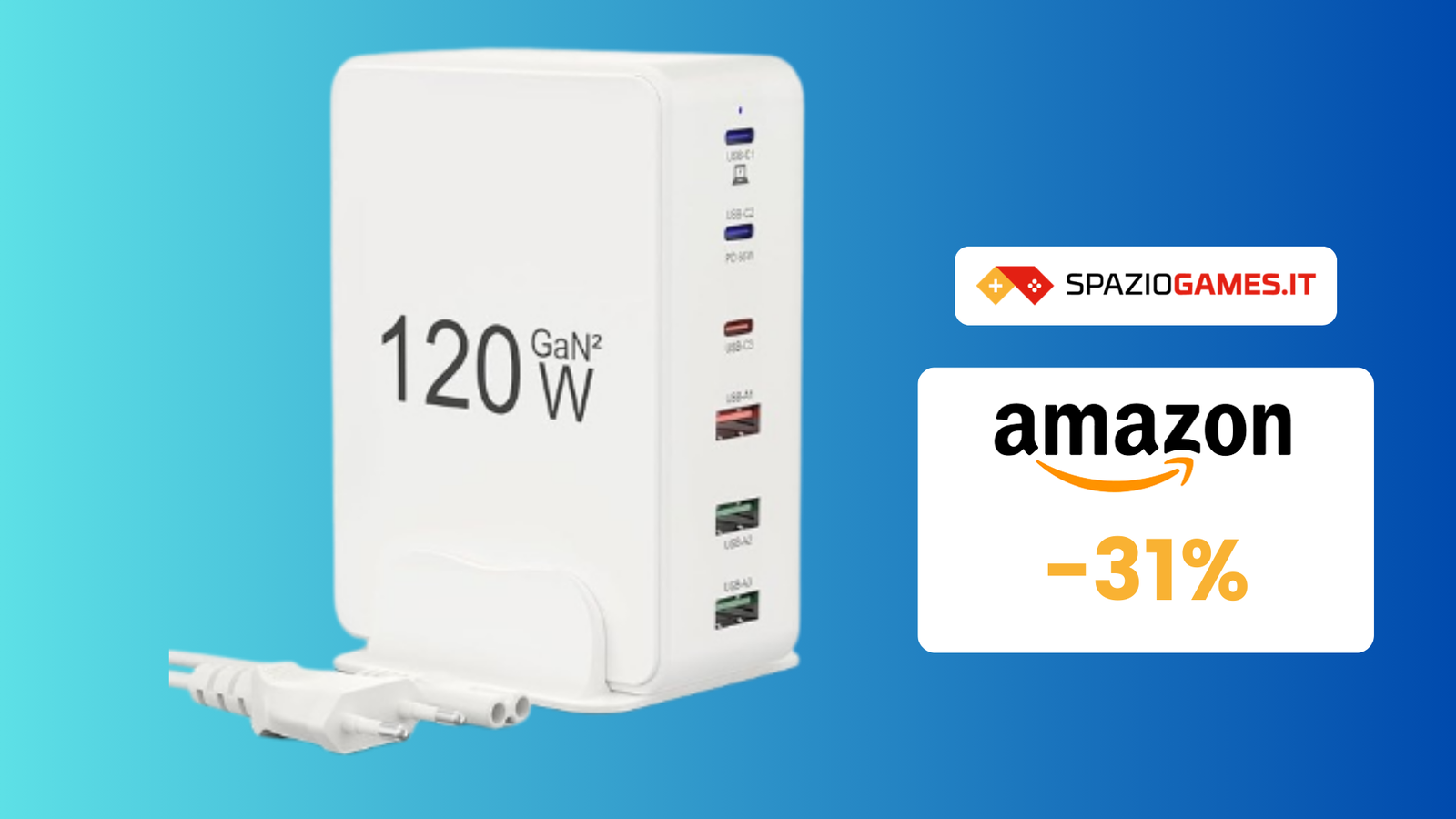 Caricatore USB-C Rapido A Cubo Con 6 Porte (USB-A E Type-C), Compatto Per Casa, Ufficio E Viaggi