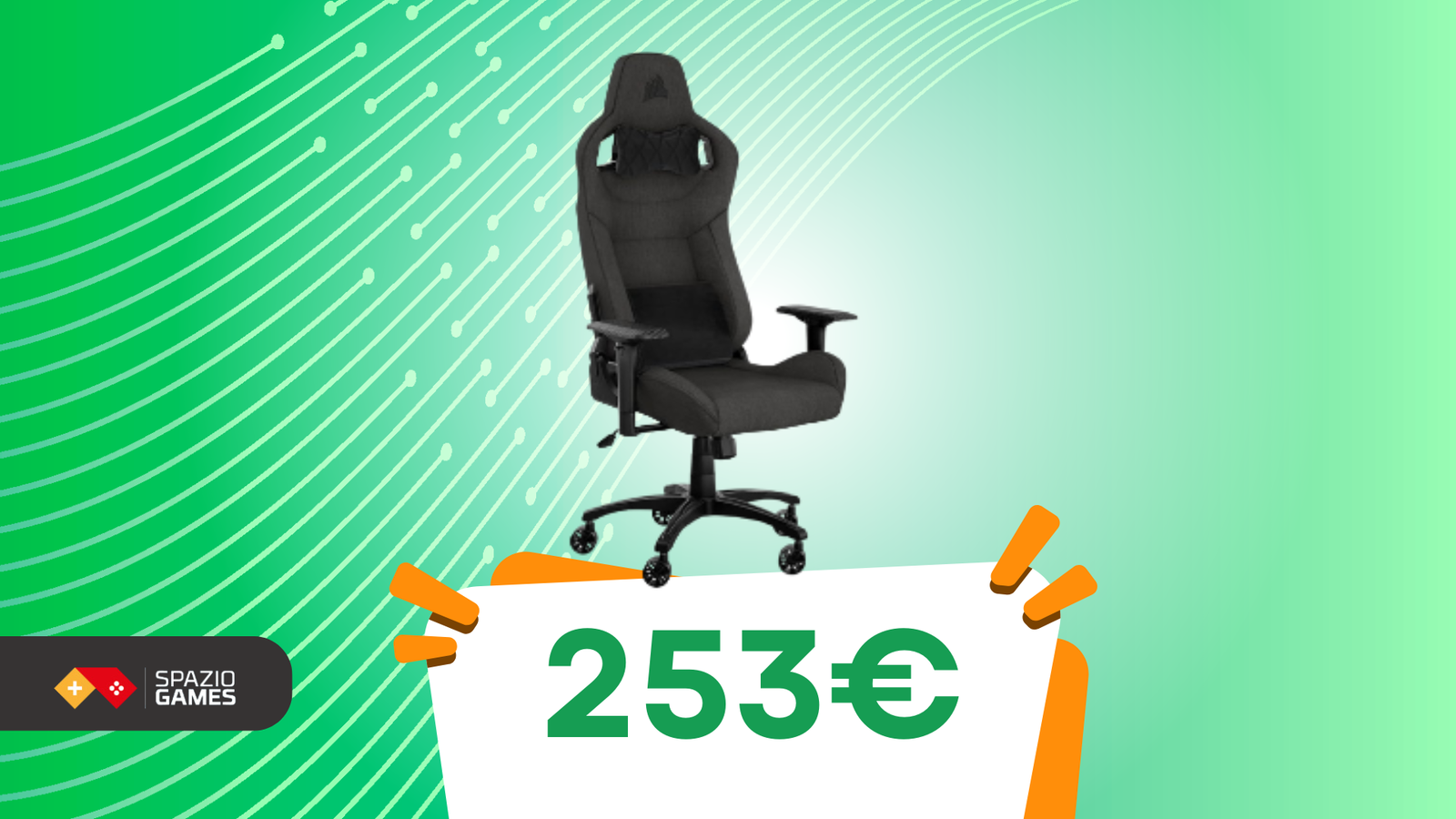 Corsair T3 Rush – Poliestere Sedia Gaming (Tessuto Esterno Morbido Traspirante, al Cuscino Cervicale Regolabile, Supporto Lombare in Memory Foam, Materiale Espanso) Nero