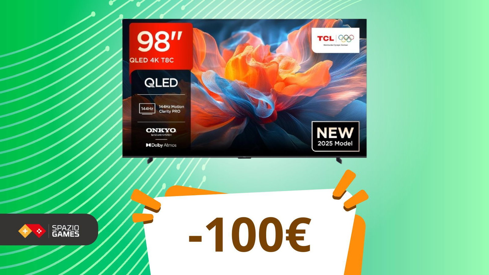 Immagina di giocare su una TV da 98". Schermo enorme ma il prezzo di questa TCL non lo è