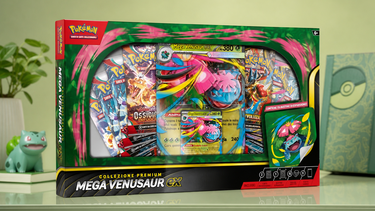 Immagine di Pokémon Mega Venusaur-ex a 43€, minimo storico con otto buste e due promo