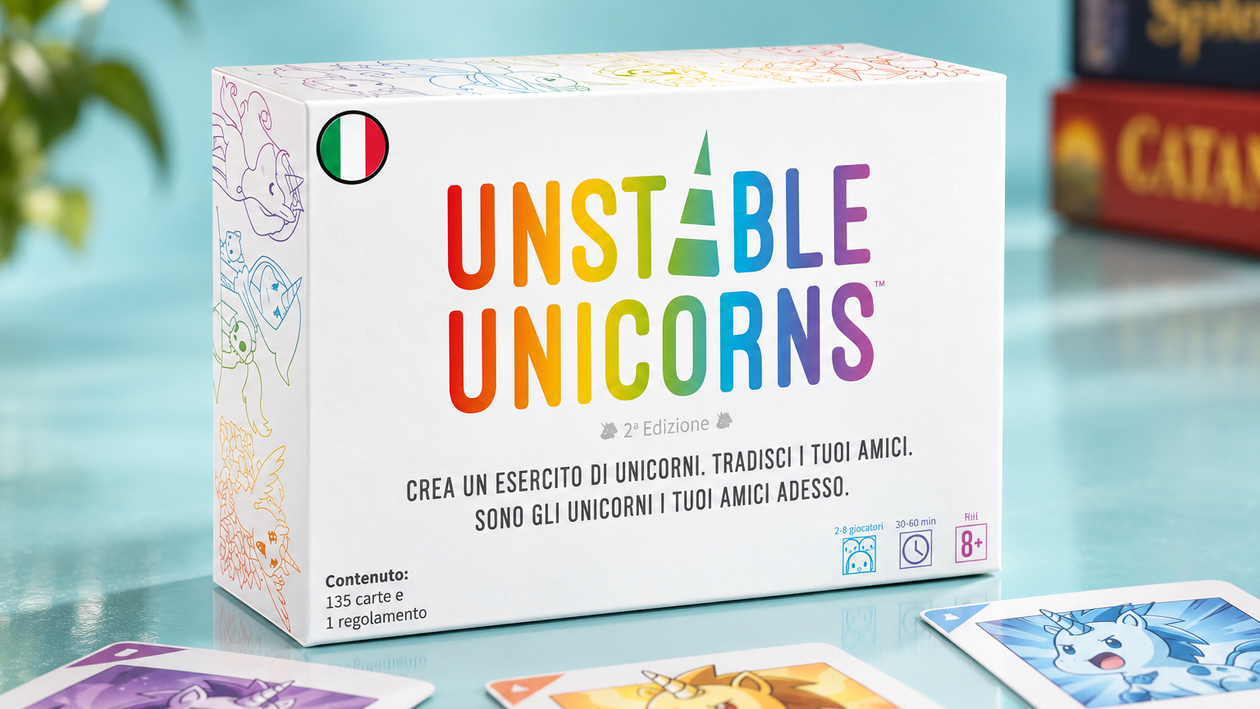 Immagine di Con Asmodee Unstable Unicorns bastano 22,56€ per sfidarsi fino a 8