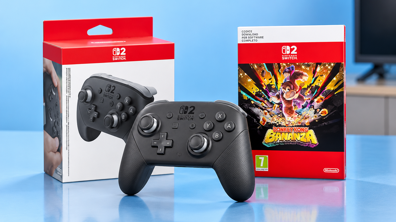 Immagine di Nintendo Switch 2 Pro Controller e Donkey Kong Bananza, 136,98€ per giocare in TV