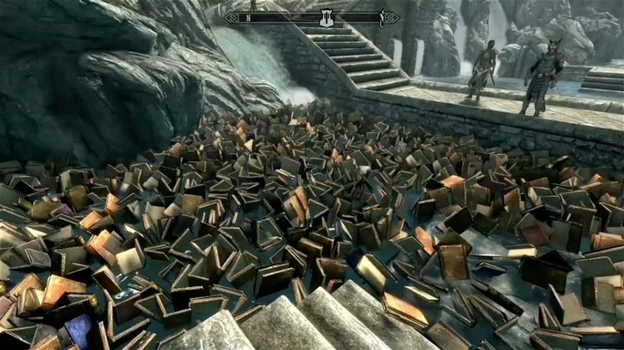 Immagine di Vi siete mai chiesti cosa succederebbe ammassando decine di libri in Skyrim? Neanche noi, ma ora lo sappiamo