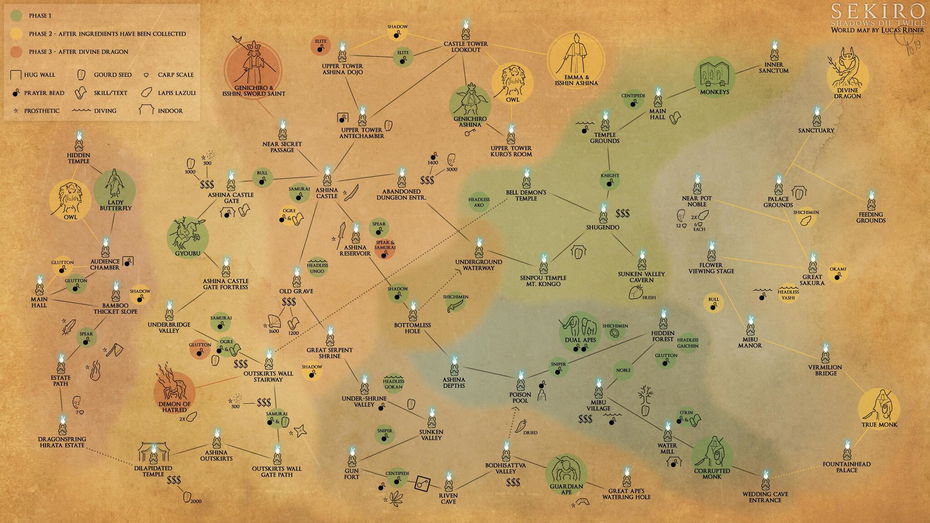 Immagine di Sekiro, un artista ha creato una mappa con location, boss e posizione oggetti