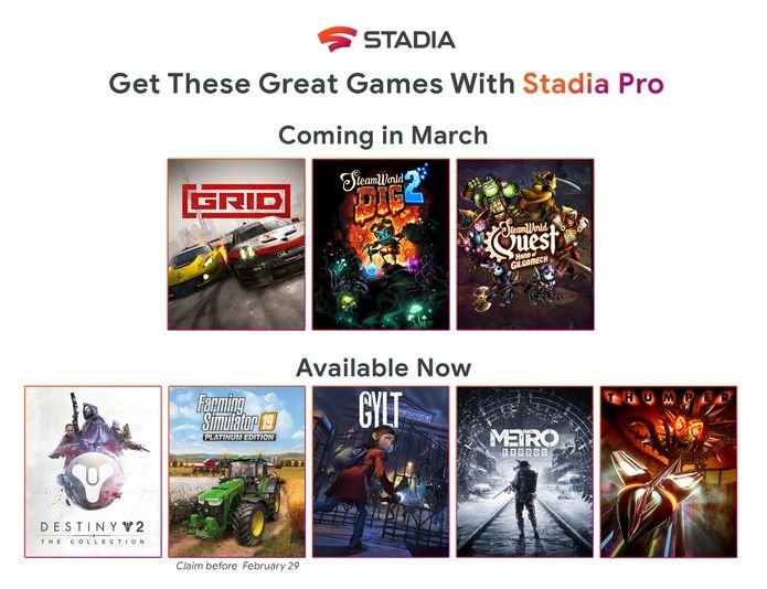 Immagine di Stadia Pro, Grid e due SteamWorld gratis a marzo